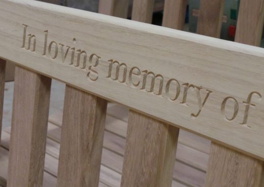 Inscription on 8 foot Mendip bench for fishing spot