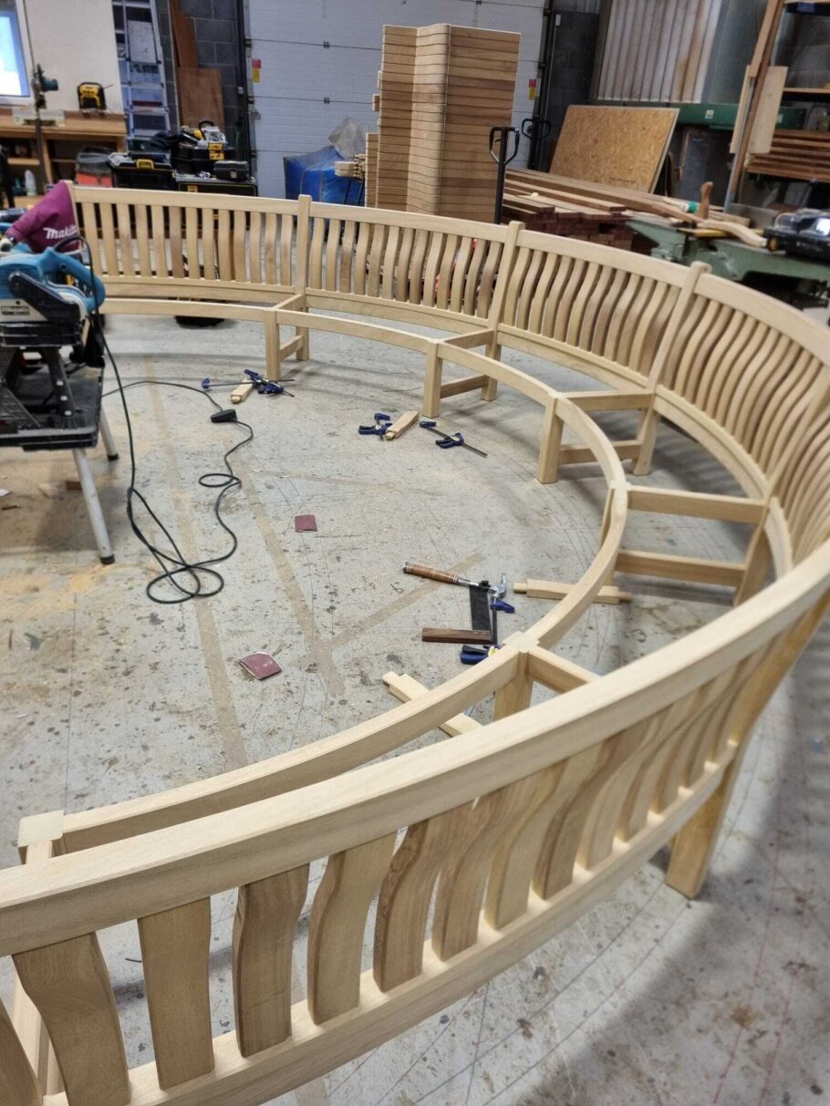 The Scarborough Crescent bench frame with backrest in place.